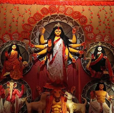 Durga idol at a Sarbojanin community pandal in Siliguri